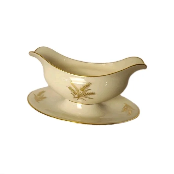 Lenox Harvest Wheat - 24k Gold Edged - Gravy Boat w/ Attached Underplate - EX!